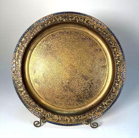 TIFFANY FURNACES | STUDIOS NEW YORK BRONZE DORE CHARGER PLATE OR TRAY WITH ENAMEL INLAY