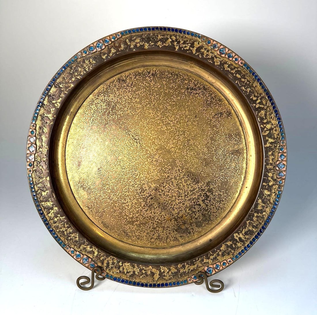 TIFFANY FURNACES | STUDIOS NEW YORK BRONZE DORE CHARGER PLATE OR TRAY WITH ENAMEL INLAY (1 of 5)