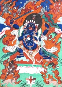 VINTAGE FOUR ARMED MAHAKALA THANGA WITH CONSORT / WRATHFUL DHARMPALA WALL ART