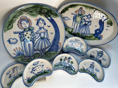 HAND-PAINTED FOLK ART CERAMIC DINNERWARE SET SIGNED M.A. HADLEY