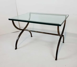 VINTAGE HOLLYWOOD REGENCY GILT IRON GLASS TOP END TABLE