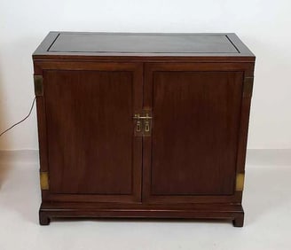 MID-CENTURY FULLY APPOINTED WALNUT BRASS MOUNTED BAR CABINET WITH ASIAN INFLUENCES