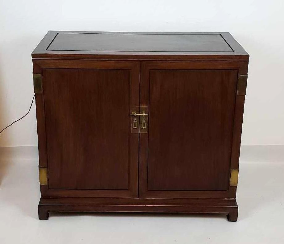 MID-CENTURY FULLY APPOINTED WALNUT BRASS MOUNTED BAR CABINET WITH ASIAN INFLUENCES (1 of 17)