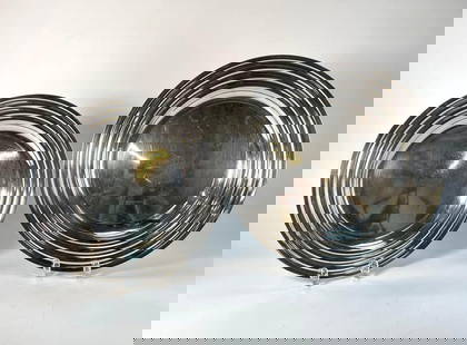 PAIR OF ART DECO VINTAGE CHRISTOFLE SILVER-PLATE TRAYS WITH CONCENTRIC DESIGN: A pair of vintage Christofle silver-plate trays, each featuring a concentric design.  Dimensions: Large Tray: 13.75&#34;DIA Small Tray: 11.75&#34;DIA  Artist or Maker: Christofle  Provenance: From a p