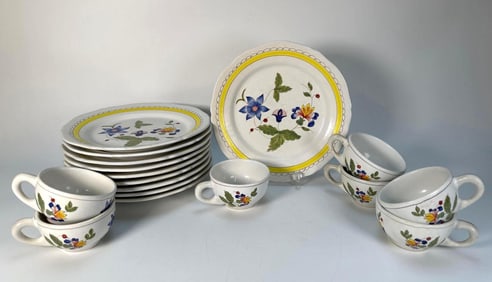 QUIMPER FAIENCE FRANCE FOR BARNEY'S PLATE SET W/ TEACUPS