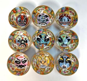 SET OF NINE VINTAGE CHINESE TEA / SAKE CUPS WITH PEKING OPERA THEME