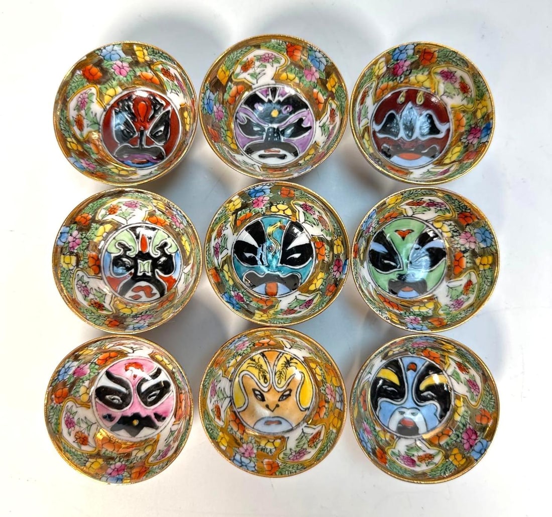 SET OF NINE VINTAGE CHINESE TEA / SAKE CUPS WITH PEKING OPERA THEME (1 of 6)