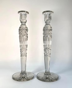 MONUMENTAL STEUBEN ATTR. TWIN CRYSTAL CANDLESTICKS