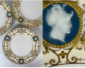 UNUSUAL SET OF TEN VINTAGE MINTON SIGNED PATE-SUR-PATE GILDED H3350 PORCELAIN DINNER PLATES
