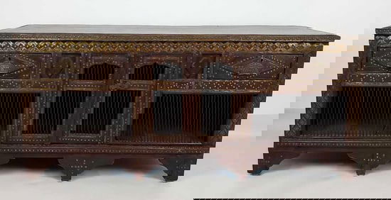 RARE VINTAGE MIDDLE EASTERN STYLE CARVED WOOD / BRASS MOUNTED LOW CABINET