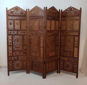 VINTAGE MIDDLE-EASTERN HAND-CARVED OPENWORK FOUR-PANEL WOODEN FOLDING SCREEN