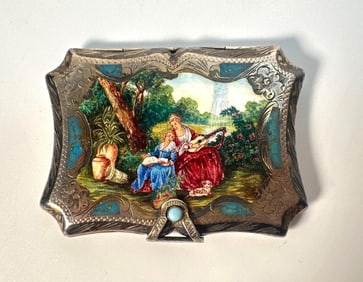 ANTIQUE SILVER COMPACT WITH TURQUOISE INLAY AND HAND-PAINTED SCENE ON ENAMEL