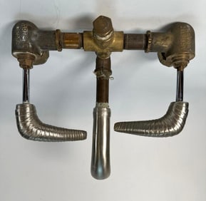 UNIQUE VINTAGE 'ARTISTIC BRASS' FAUCET / VALVE ASSEMBLY WITH ART DECO ERA STYLE RIBBED HANDLES