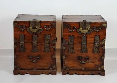 PAIR OF VINTAGE KOREAN WOODEN 'BANDAAJI' WEDDING CHESTS WITH BRASS HARDWARE