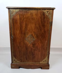 MID-CENTURY ANGLO INDIAN BRASS MOUNTED ONE DOOR CABINET WITH FITTED INTERIOR