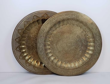 TWO VINTAGE ANGLO-INDIAN HAMMERED/EMBOSSED BRASS TRAYS. ONE WITH RETICULATED EDGE