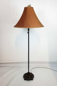 ANTIQUE IRON AND GILT METAL FLOOR LAMP WITH SILK SHADE