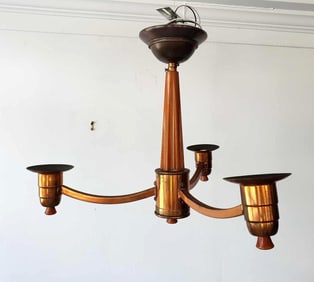 RARE ART DECO THREE LIGHT COPPER AND BUTERSCOTCH CATALIN BAKELITE CHANDELIER