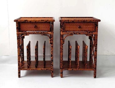 PAIR OF VINTAGE BRITISH COLONIAL RATTAN STANDS WITH DOUBLE SIDED DRAWERS