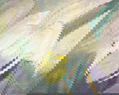 DAFFODIL PAINTING SIGNED AND MARKED OCT 1941: An oil painting featuring a close-up, stylized depiction of large white daffodil flowers with yellow centers and green leaves.  Dimensions: 24&#34;L x 31&#34;W  Artist or Maker: Signed Yvonne Gia? Oct