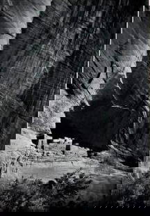 MATTED VINTAGE ANSEL ADAMS CLIFF PRINT: A vintage Ansel Adams print,, marked &#34;copyright 1976 by the Trustees of Ansel Adams 31 White House ruin, Canyon de Chelly&#34;  Dimensions: Image: 7.25&#34; X 5.25&#34;. Matte: 16&#34; X 12&#34;