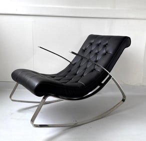 A MID-CENTURY MODERN, MILO BAUGHMAN STYLE TUFTED BLACK AND POLISHED STEEL ROCKING CHAIR (1 of 2)