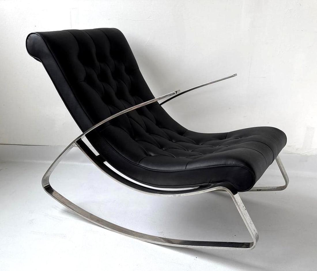 A MID-CENTURY MODERN, MILO BAUGHMAN STYLE TUFTED BLACK AND POLISHED STEEL ROCKING CHAIR (2 of 2) (1 of 10)