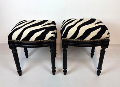 UNUSUAL NEAR PAIR OF NEEDLEPOINT ZEBRA PATTERN UPHOLSTERED OTTOMANS / STOOLS WITH NAILHEAD TRIM