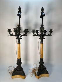 PAIR OF ANTIQUE LOUIS PHILIPPE STYLE PATINATED BRONZE & STONE CANDELABRA FORM LAMPS