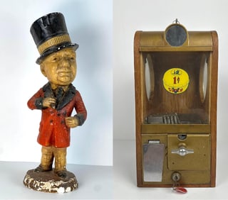 VINTAGE W.C. FIELDS CHALKWARE STATUE AND VICTOR BABY GRAND GUMBALL DISPENSER