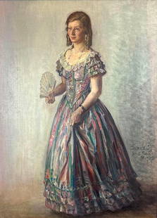 OIL PAINTING PORTRAIT OF A YOUNG WOMAN, SIGNED, GABRIEL J, 1927: A framed oil painting depicting a full-length portrait of a young woman in a ruffled, multi-color dress holding a fan. Dimensions: 35”L x 27”W overall Artist or Maker: Signed Gabriel J.,