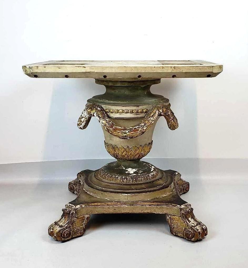 VINTAGE POLYCHROMED DISTRESSED NEOCLASSICAL STYLE TABLE BASE WITH GILT AND PAINTED URN MOTIF (1 of 11)