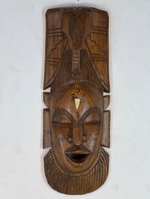 AFRICAN WOODEN FACE MASK WALL DECOR W/ ELEPHANT AND INLAY