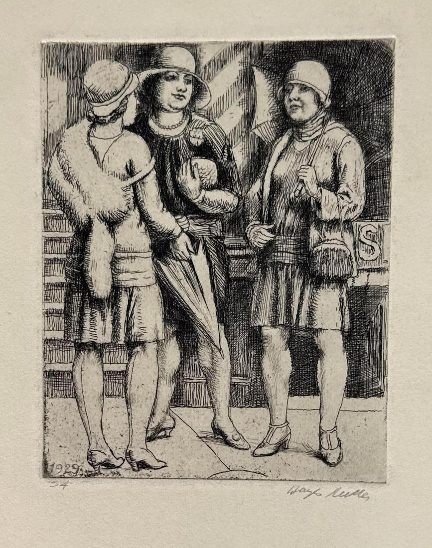 KENNETH HAYES MILLER ETCHING THREE GIRLS MEETING: A Pencil signed and titled etching Dimensions: Image: 5" x 4" Artist: Kenneth Hayes Miller 1876-1952 American Provenance: A New York Collector Biographical Essay: Kenneth Hayes Millerm was