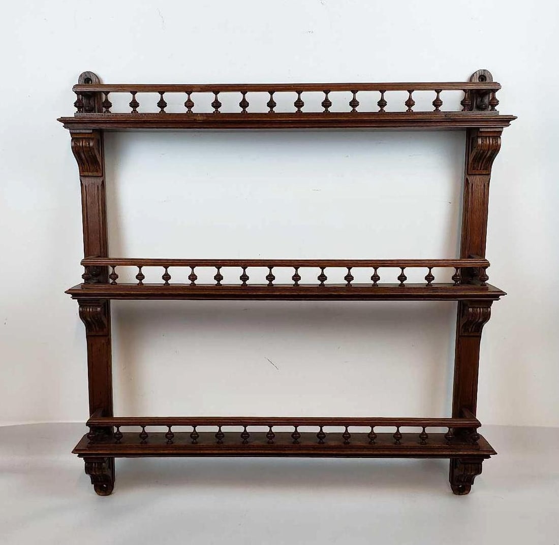 ANTIQUE CARVED THREE TIER HANGING DISPLAY SHELF (1 of 15)