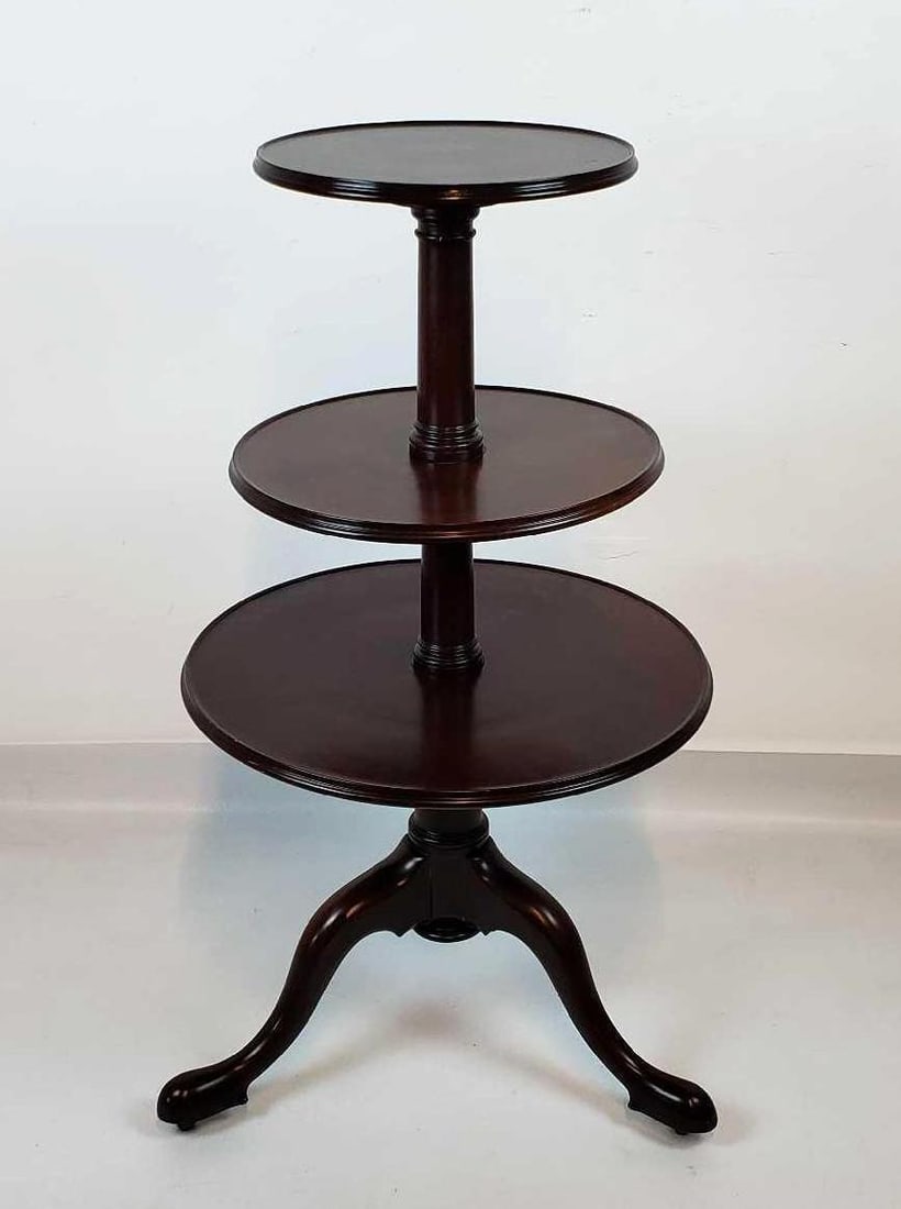 ANTIQUE ENGLISH THREE-TIER DUMB WAITER TABLE WITH PAD FEET AND BRASS CASTORS (1 of 17)