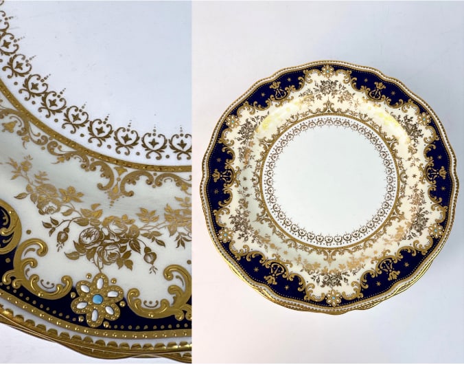 RARE COLLECTION COPELANDS "JEWELLED PORCELAIN" FOR DAVIS COLLAMORE & CO. BLUE / GOLD TRIM PLATES (1 of 8)