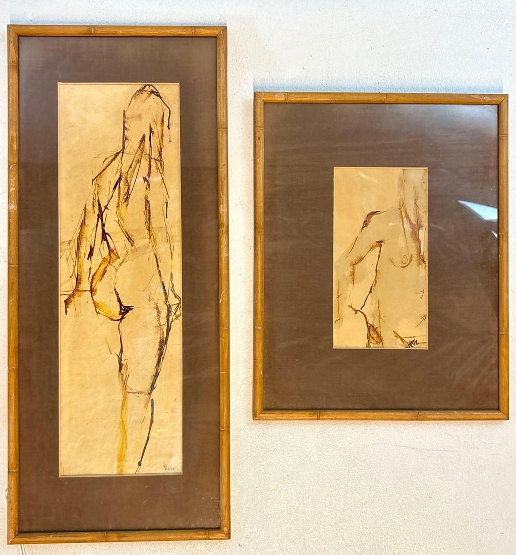 VINTAGE PAIR OF PEN AND INK NUDE STUDIES SIGNED KATZ: A pair of framed pen and ink drawings,. Dimensions: larger: overall 23” x 10” Artist: signed Katz Provenance: A New York Collector Notes: Although care is taken to photograph and descri