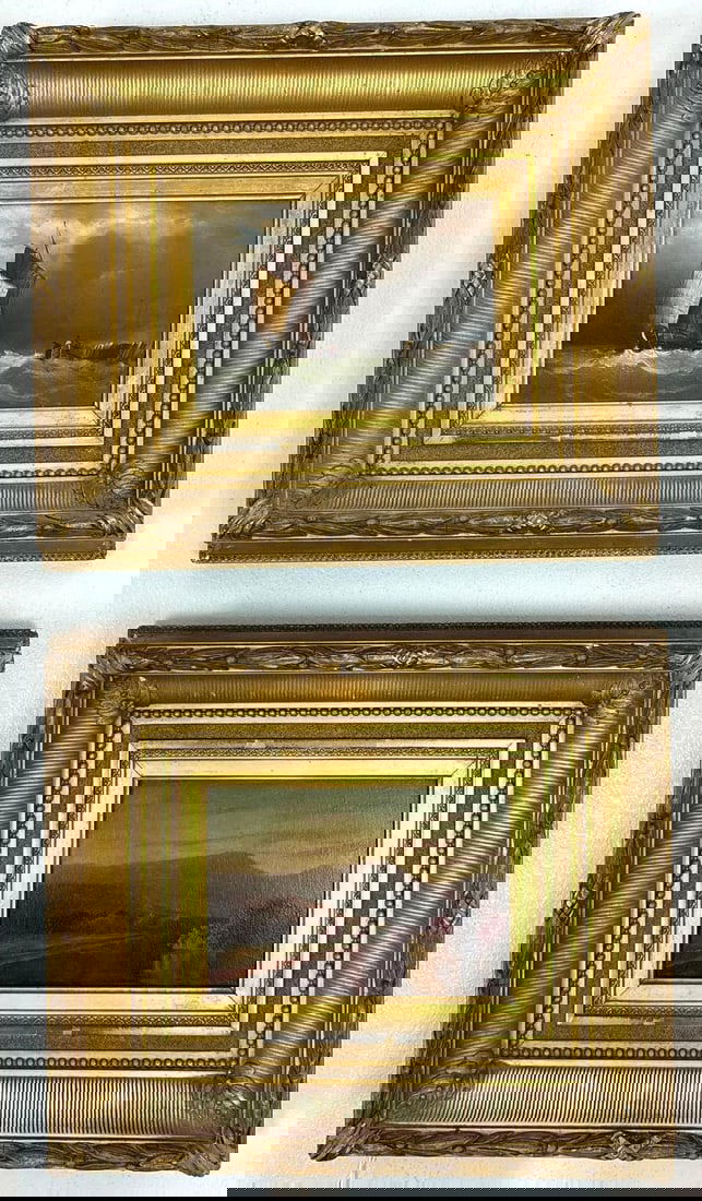 PAIR OF MINIATURE ANTIQUE OILS ON BOARD UNSIGNED IN ORNATE FRAMES (1 of 9)