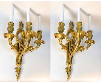 PAIR OF VINTAGE E.F. CALDWELL GILT BRONZE, MULTI-ARM, NEOCLASSICAL / ROCOCO STYLE SCONCES