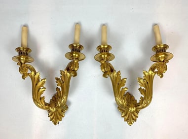 PAIR OF VINTAGE E.F. CALDWELL GILT BRONZE, DOUBLE ARM, NEOCLASSICAL / ROCOCO STYLE SCONCES