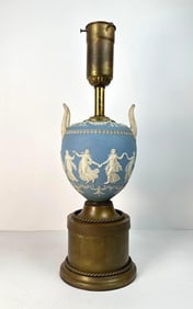 RARE ANTIQUE WEDGWOOD STYLE JASPERWARE URN TABLE LAMP WITH BRASS BASE