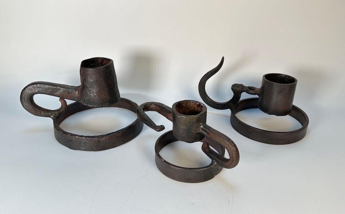 SET OF THREE ANTIQUE PRIMITAVE AMERICAN STYLE FORGED IRON HANGING CANDLE HOLDERS (1 of 7)