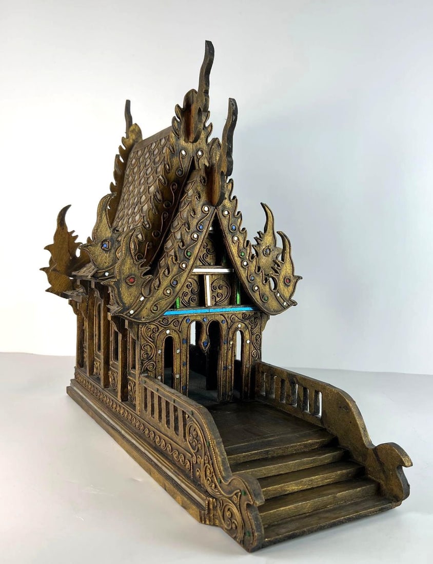 VINTAGE THAI SPIRIT HOUSE TEMPLE MODEL / HOME TEMPLE: *An ornate, multi-tiered intricate wooden model of a Thai Buddhist temple with intricate carvings, a tiered roof with pointed finials, and a front platform with a railing and steps, all in a distresse