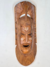 LARGE WOODEN FACE MASK W/STARS & ELEPHANT CROWN WALL DECOR
