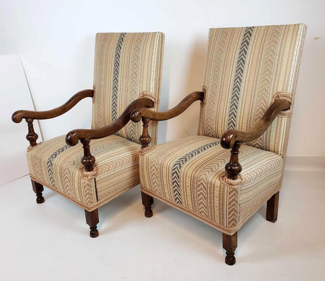 NEAR PAIR OF ANTIQUE WALNUT UPHOLSTERED OPEN ARM CHAIRS (1 of 14)