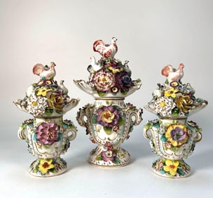 SET OF THREE ANTIQUE MEISSEN STYLE POTPOURRI VASES W/ APPLIED FLOWERS & ROOSTER FINIALS