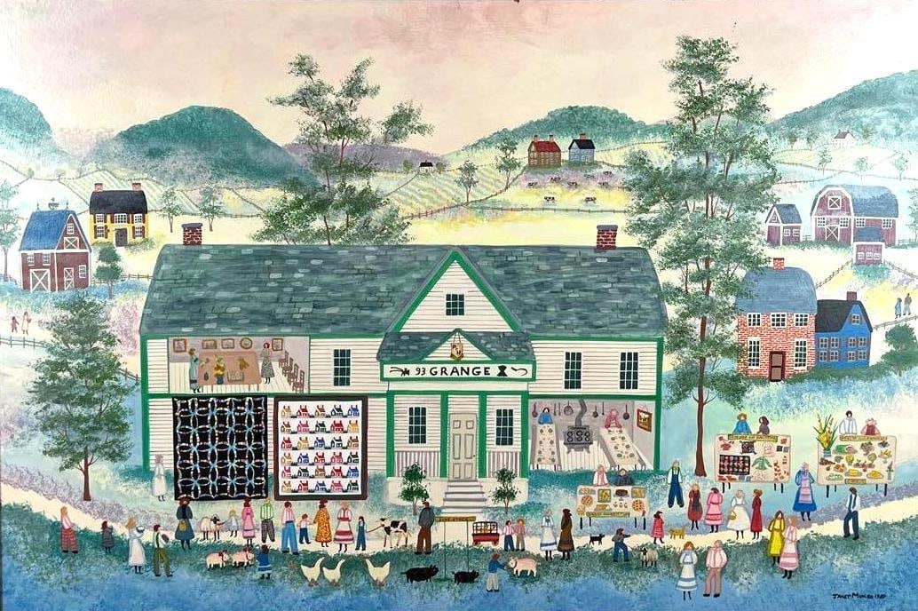 JANET MUNRO SIGNED ACRYLIC ON BOARD FOLK ART PAINTING SUMMER AT THE GRANGE?? (1987) (1 of 13)