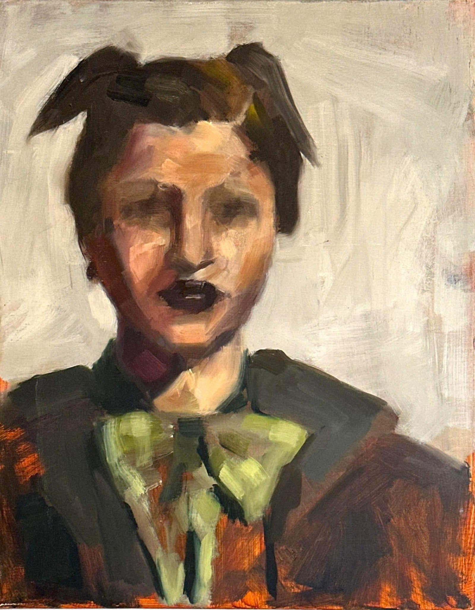 ZEYNEP TEKINER PORTRAIT OF A WOMAN: *An unframed, vertically oriented oil painting depicting a portrait of a woman with dark hair styled in two buns, a dark, obscured face, and wearing a dark coat with a prominent light green bow. Dimen