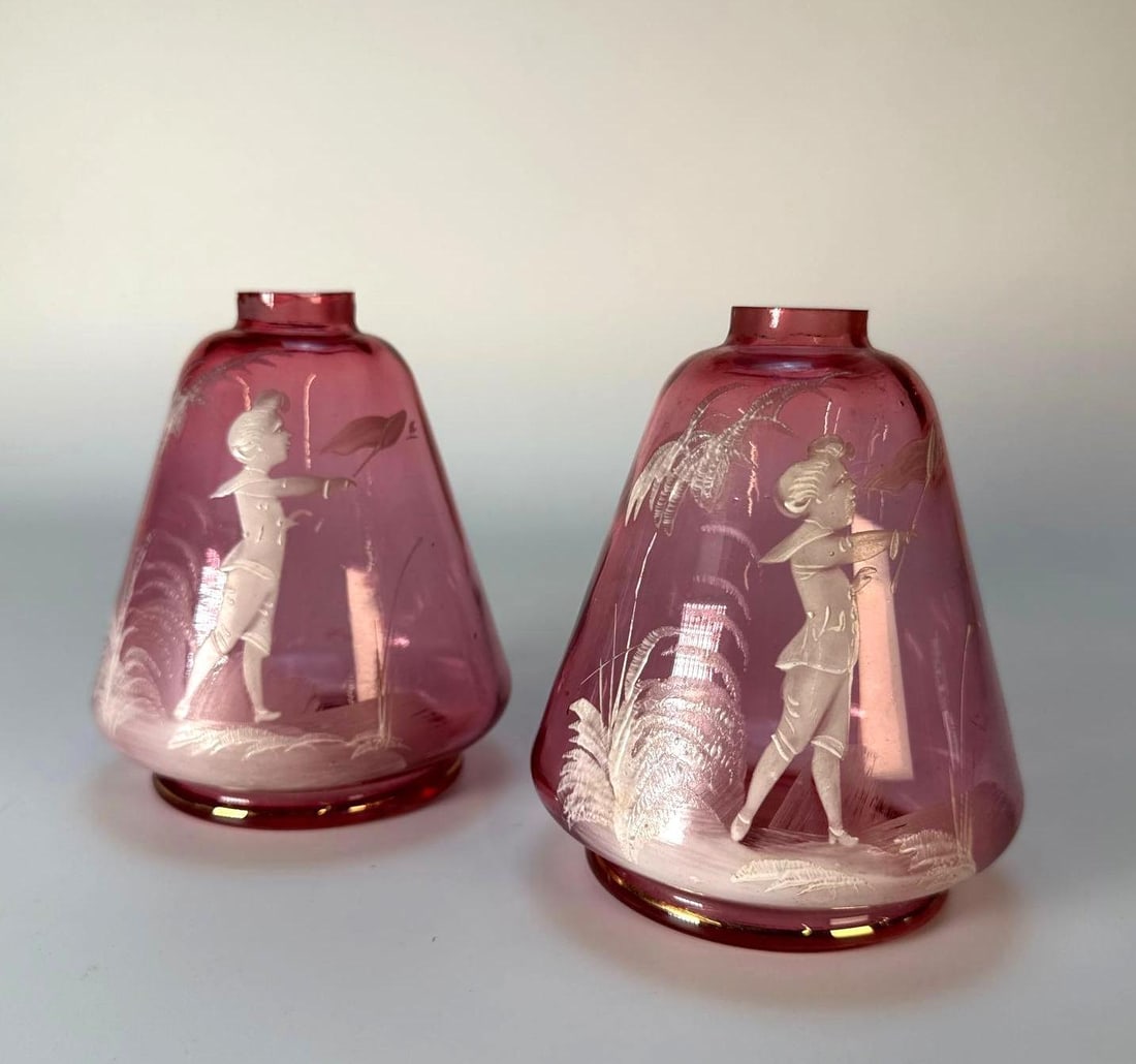 MARY GREGORY CRANBERRY GLASS PAIR OF HAND PAINTED SMALL VASES (1 of 8)